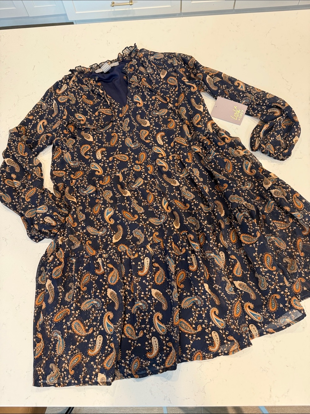 Paisley Ruffle-Tiered Navy Long-Sleeve Casual Dress